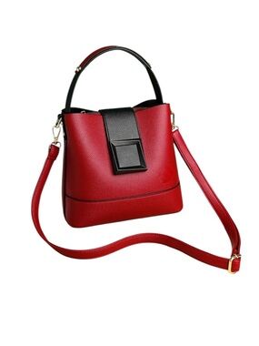Red and Black Top-Handle Bucket Bag with Blue Accent Vegan Leather